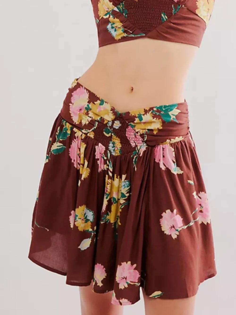 Free People Dusk Till Dawn Skirt Floral Printed Smocked High Waist Mini S